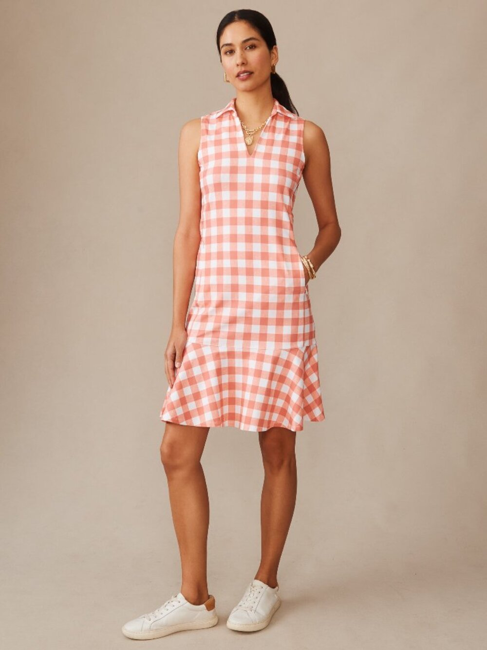 J McLaughlin Merlin Dress in Textured Gingham - White/Coral NEW